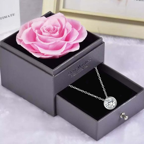 Preserved Rose In a Acrylic Box with Silver Plated April Birthstone Necklace - Picture 5 of 15